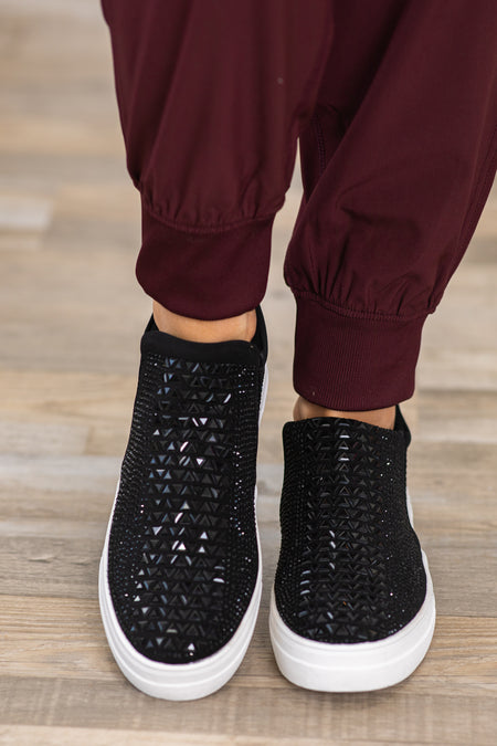 Black Slip On Sneakers With Rhinestones