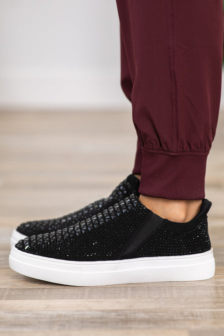 Black Slip On Sneakers With Rhinestones