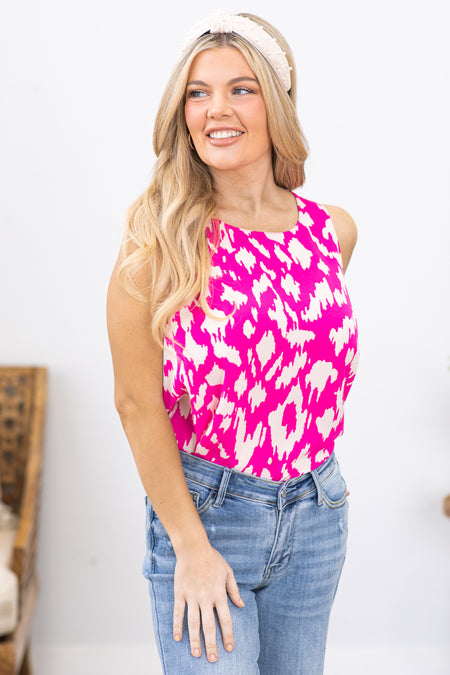 Fuchsia Abstract Woven Sleeveless Top