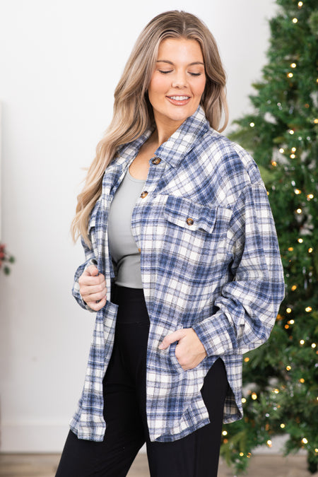 Blue and Cream Plaid Fleece Shacket