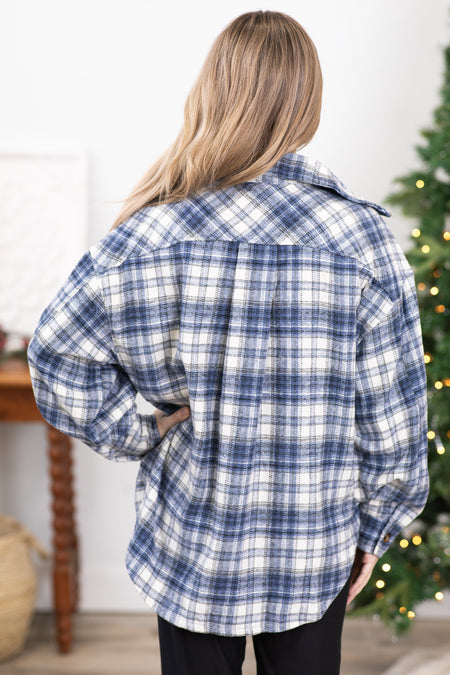 Blue and Cream Plaid Fleece Shacket