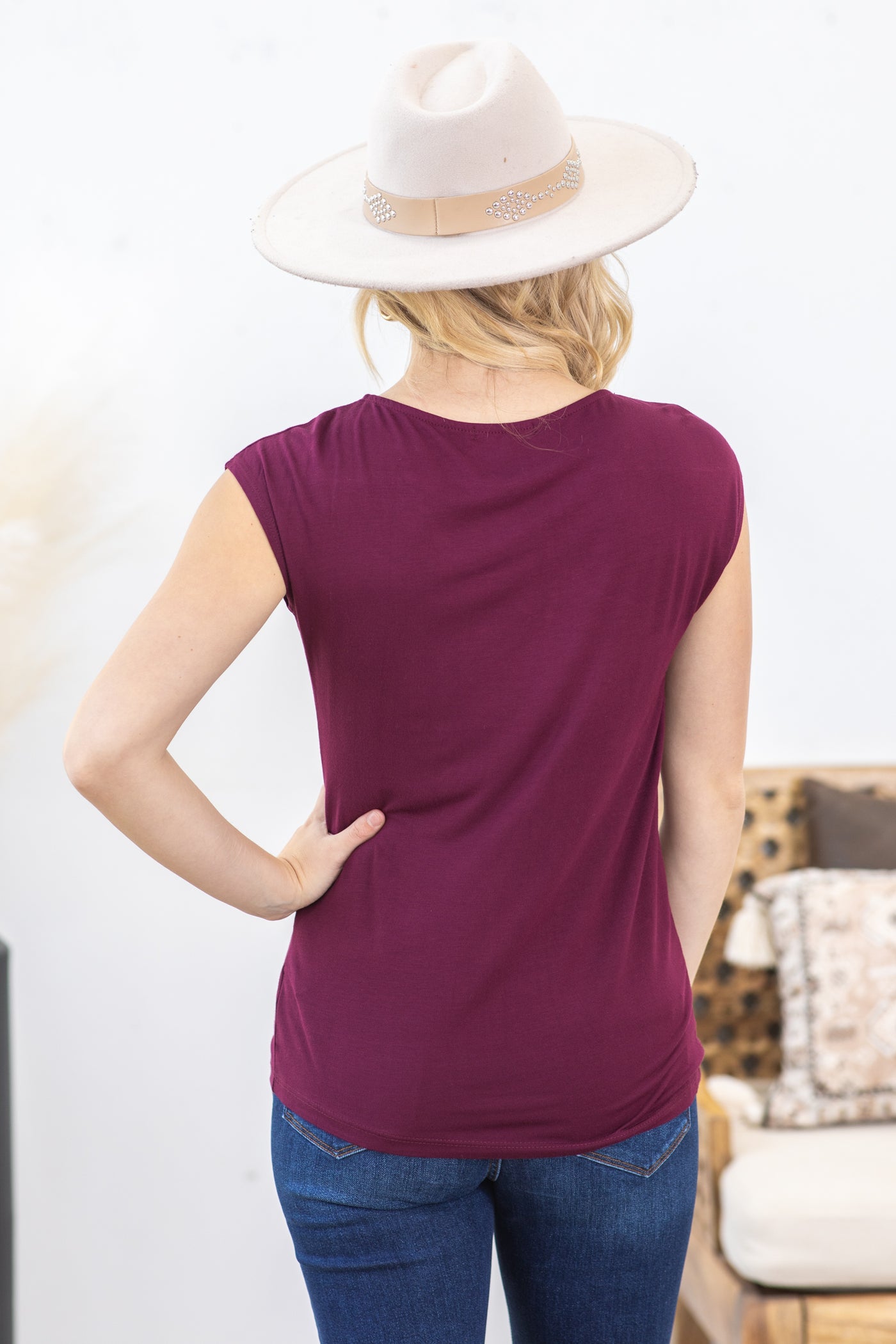 Dark Berry Gathered Neck Cap Sleeve Top