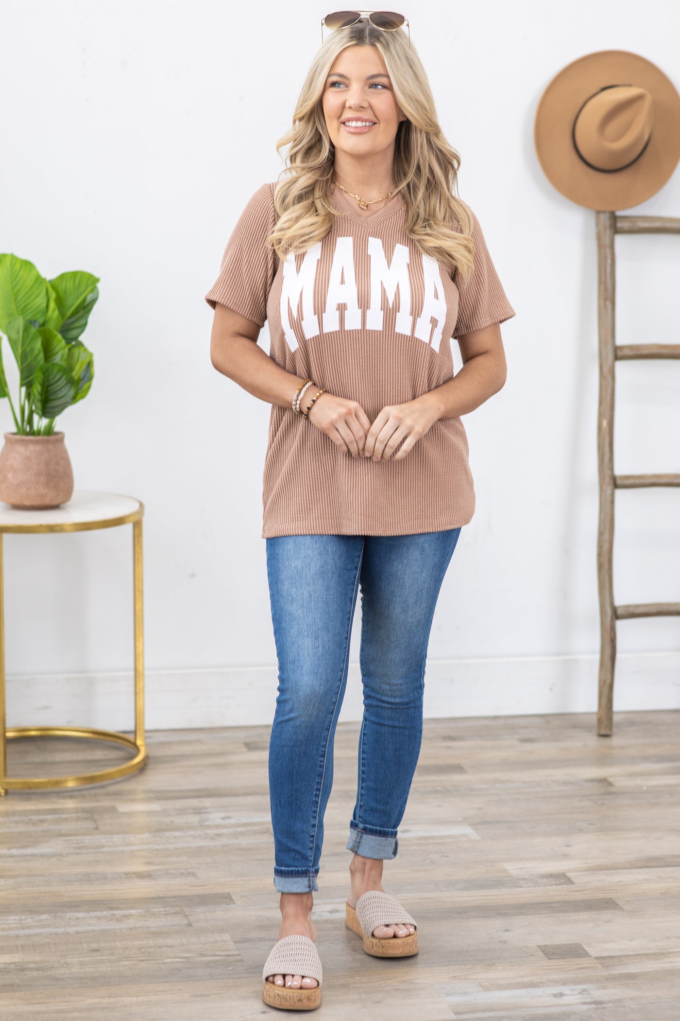 Tan V-Neck MAMA Ribbed Knit Top