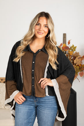 Black Oversized Kimono Sleeve Button Down Top