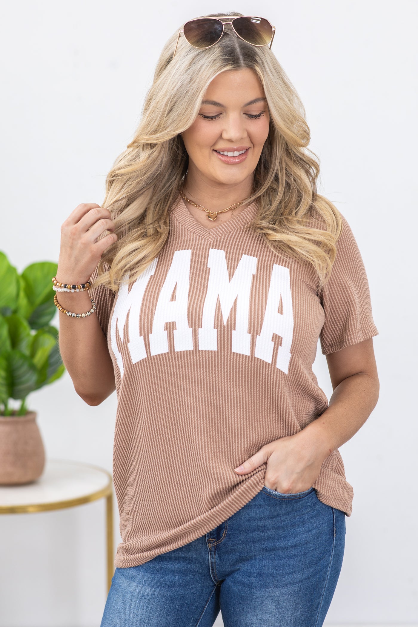 Tan V-Neck MAMA Ribbed Knit Top