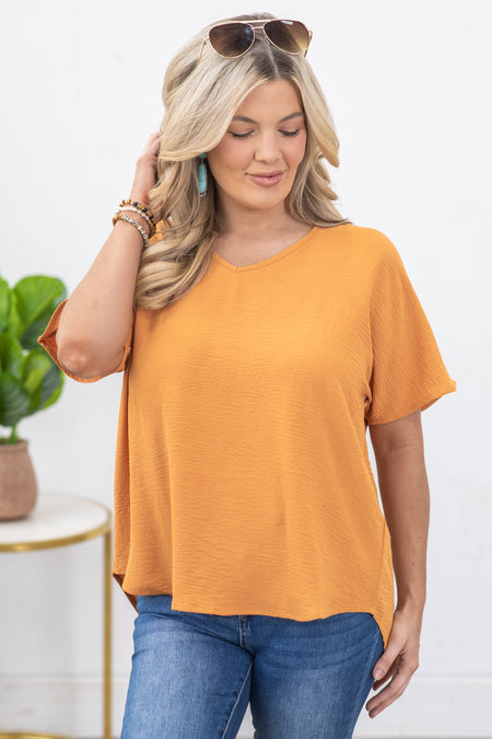 Orange V-Neck Airflow Woven Top