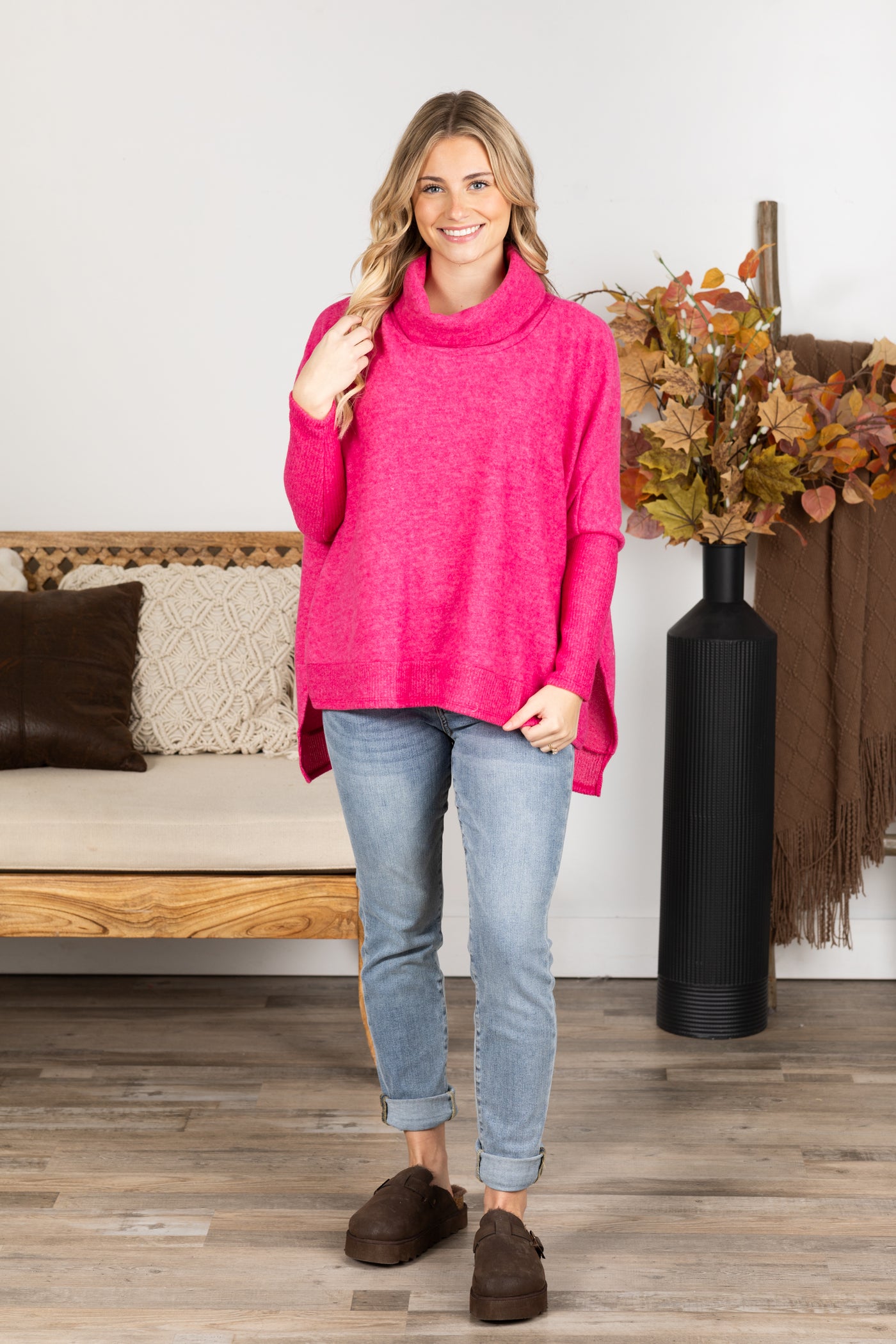 Cowl Neck High-Low Knit Tunic Top