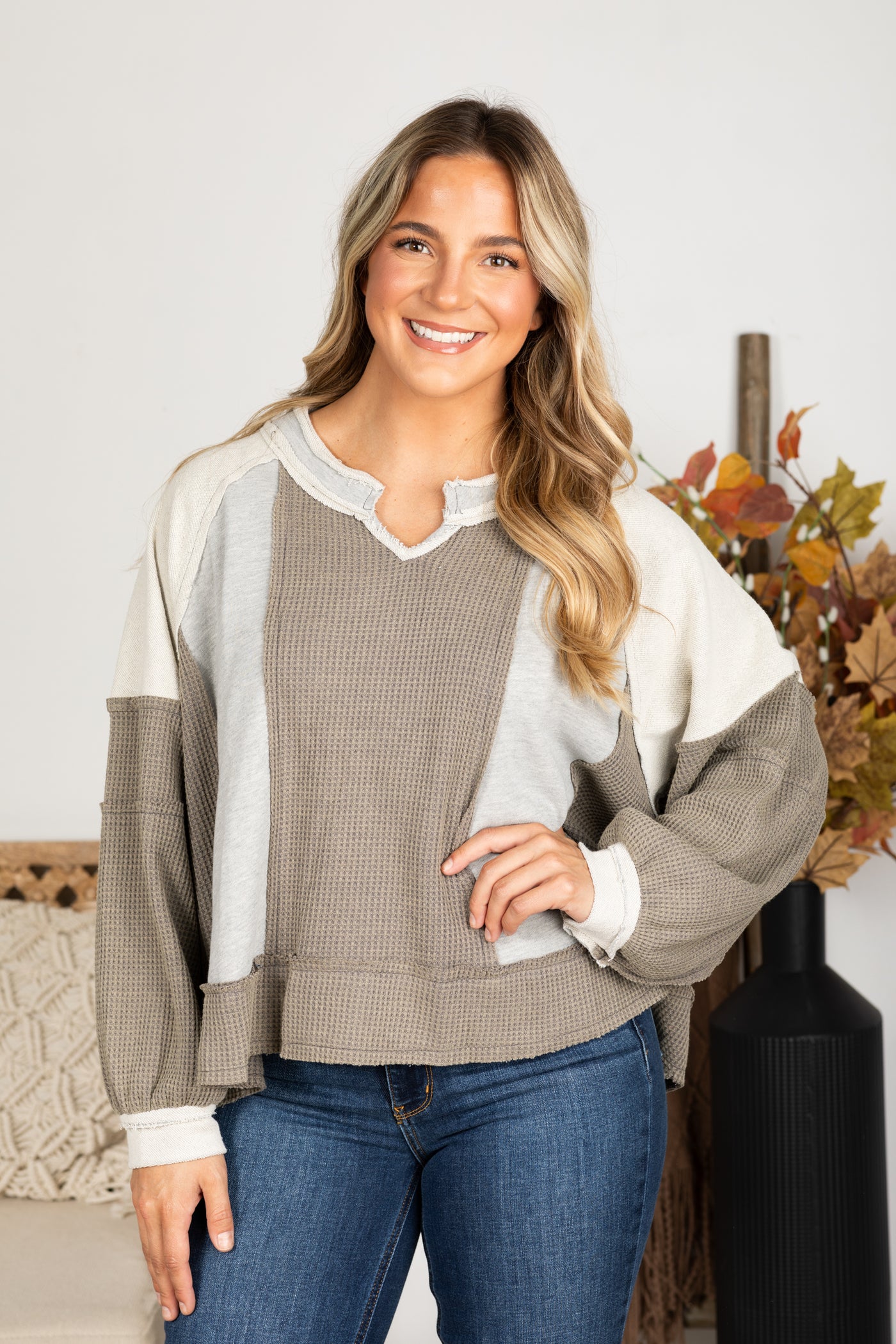 Notched Neck Contrast Fabric Knit Top