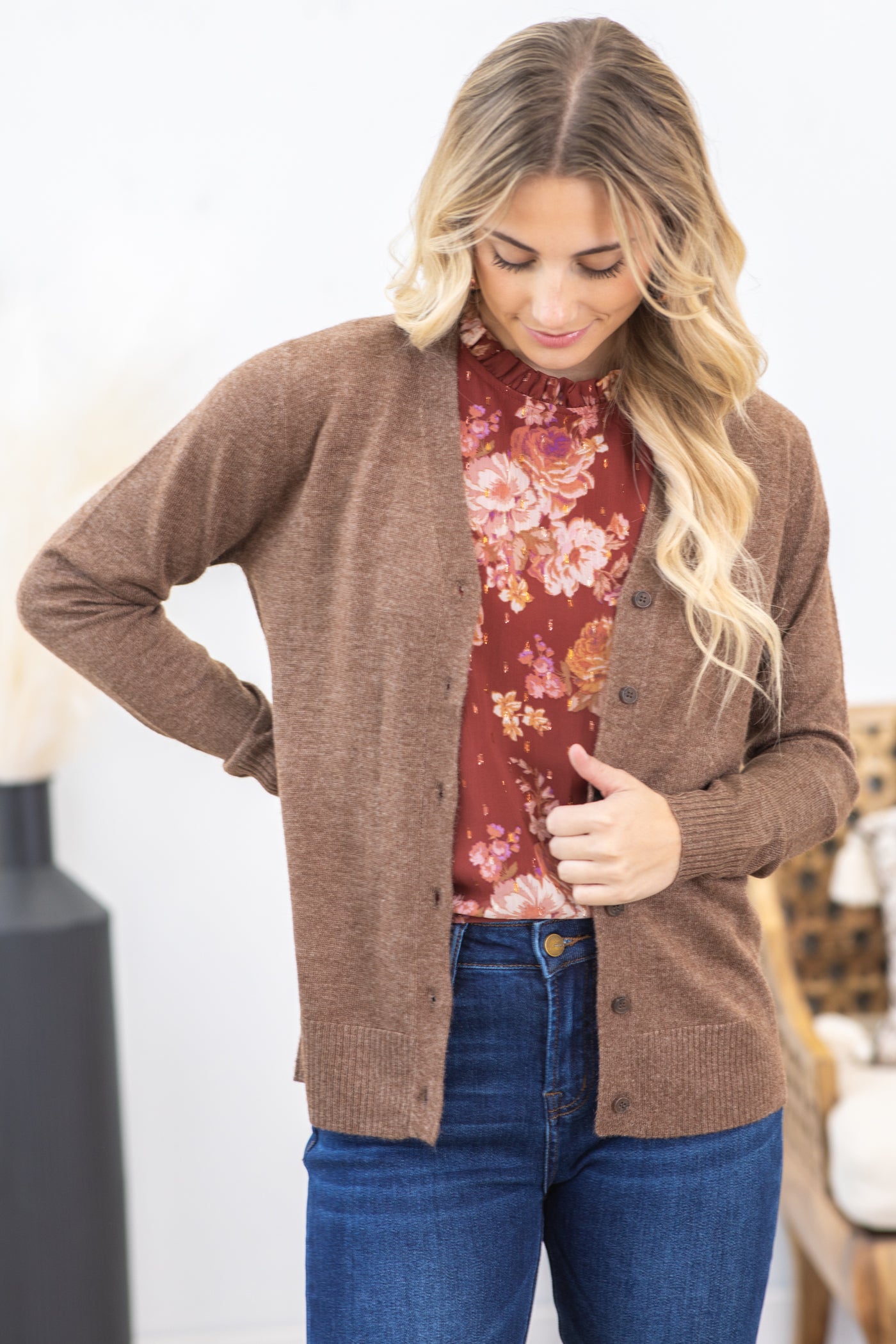 Brown V-Neck Cardigan With Buttons