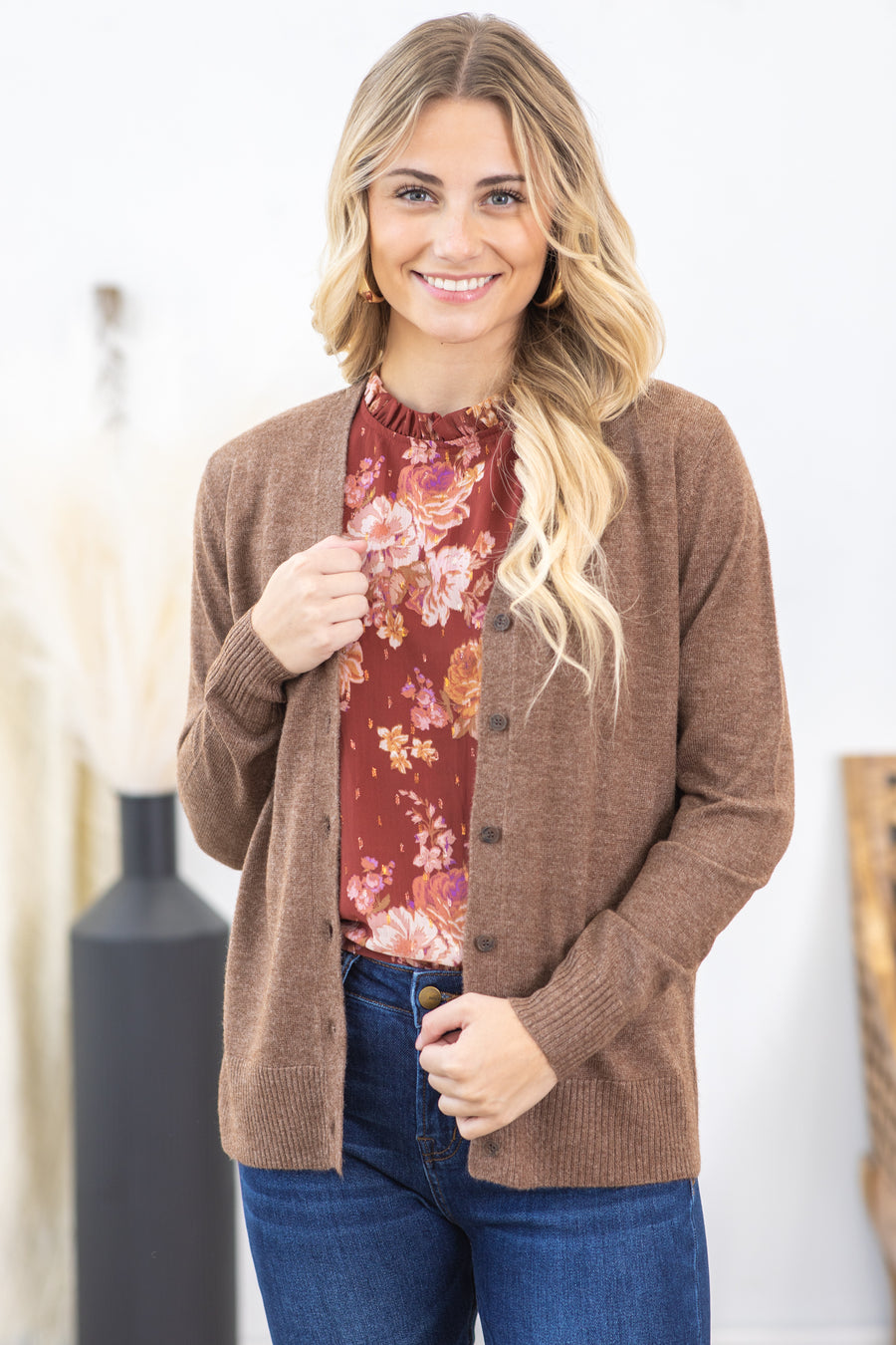 Brown V-Neck Cardigan With Buttons