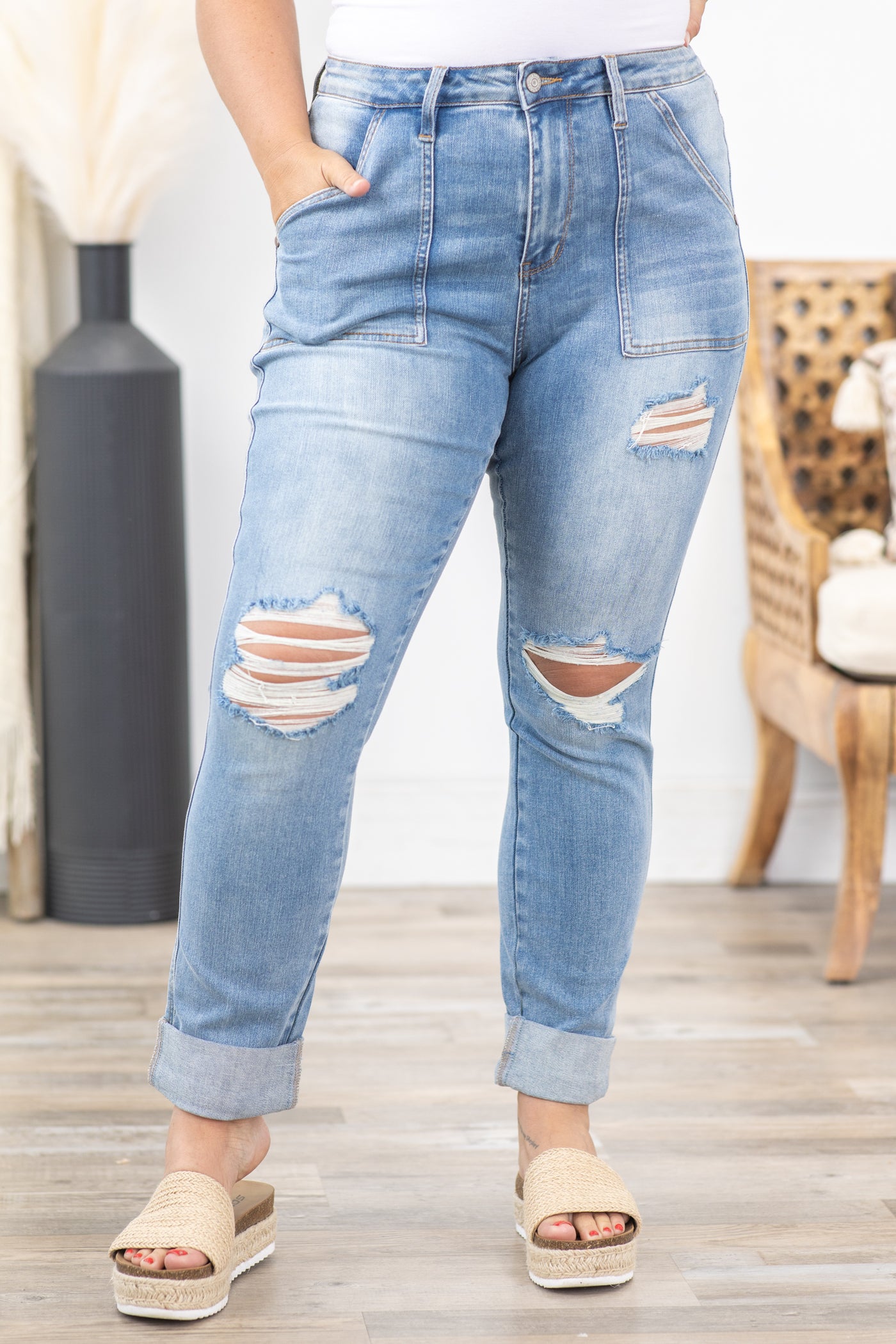 Judy Blue Patch Pocket Distress Boyfriend Jeans