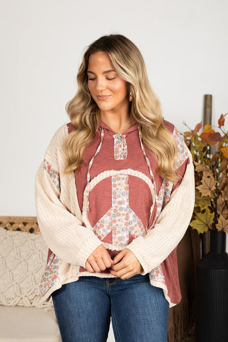 Floral Peace Patch Ribbed Knit Top With Hood