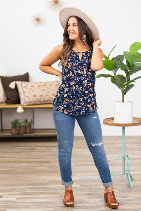 Dark Slate Blue Floral Print Tank With Keyhole - Filly Flair