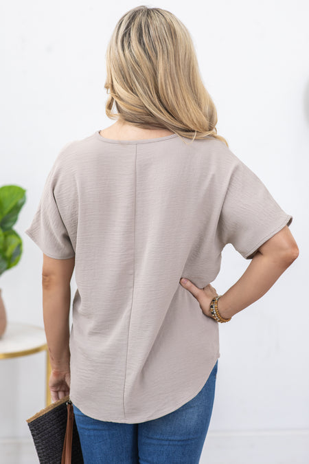 Light Tan V-Neck Airflow Woven Top