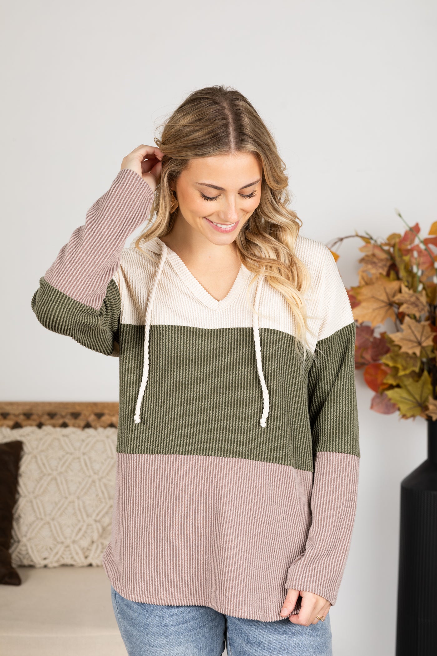 Ribbed Colorblock Drawstring Hoodie Knit Top