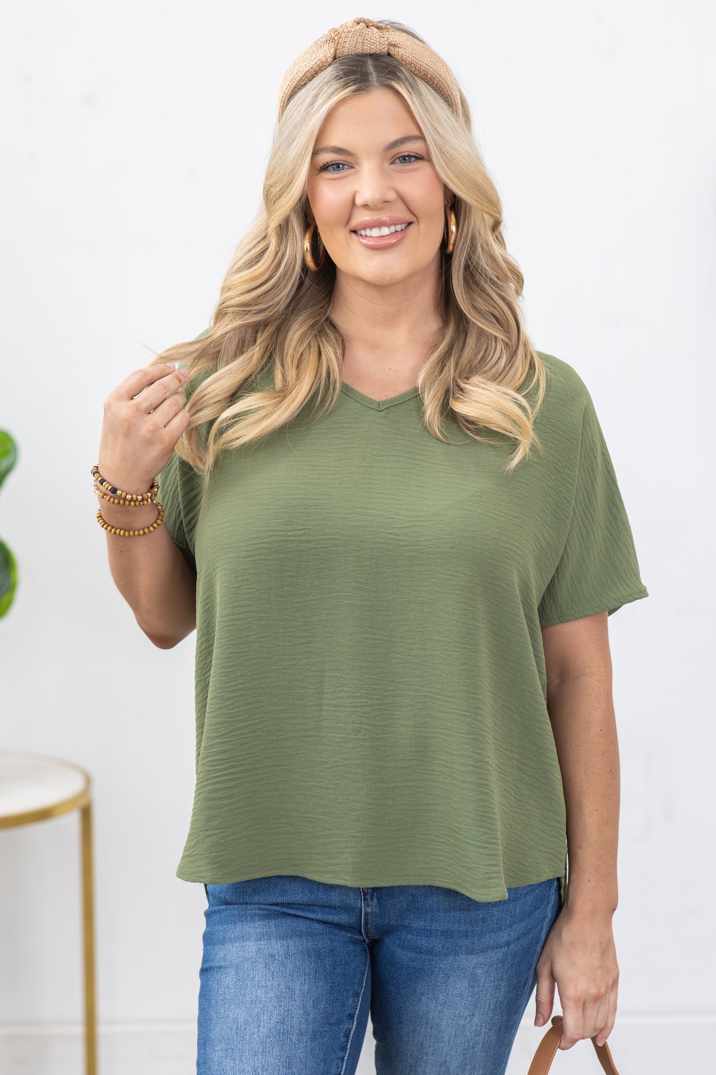 Olive V-Neck Airflow Woven Top