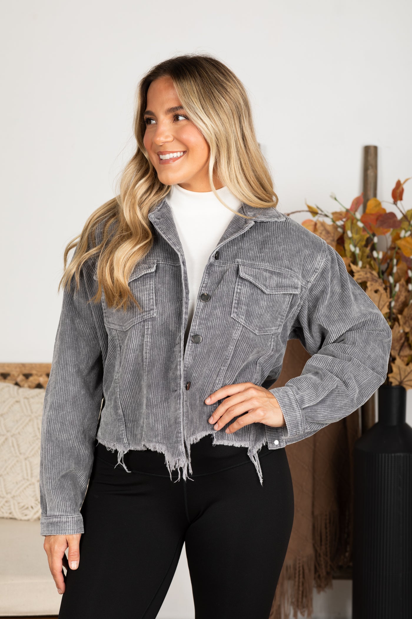 Grey Distressed Hem Corduroy Jacket