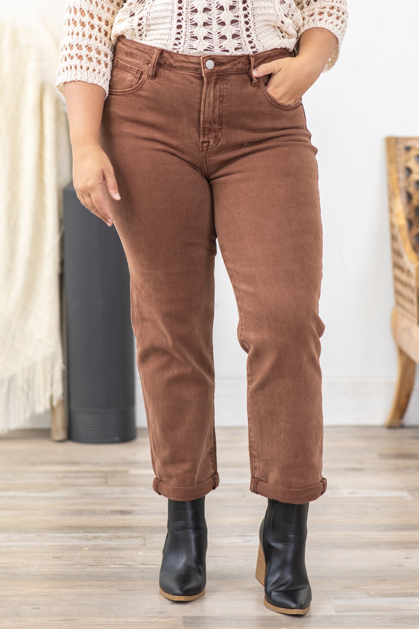 Risen Espresso Wash High Rise Boyfriend Pant