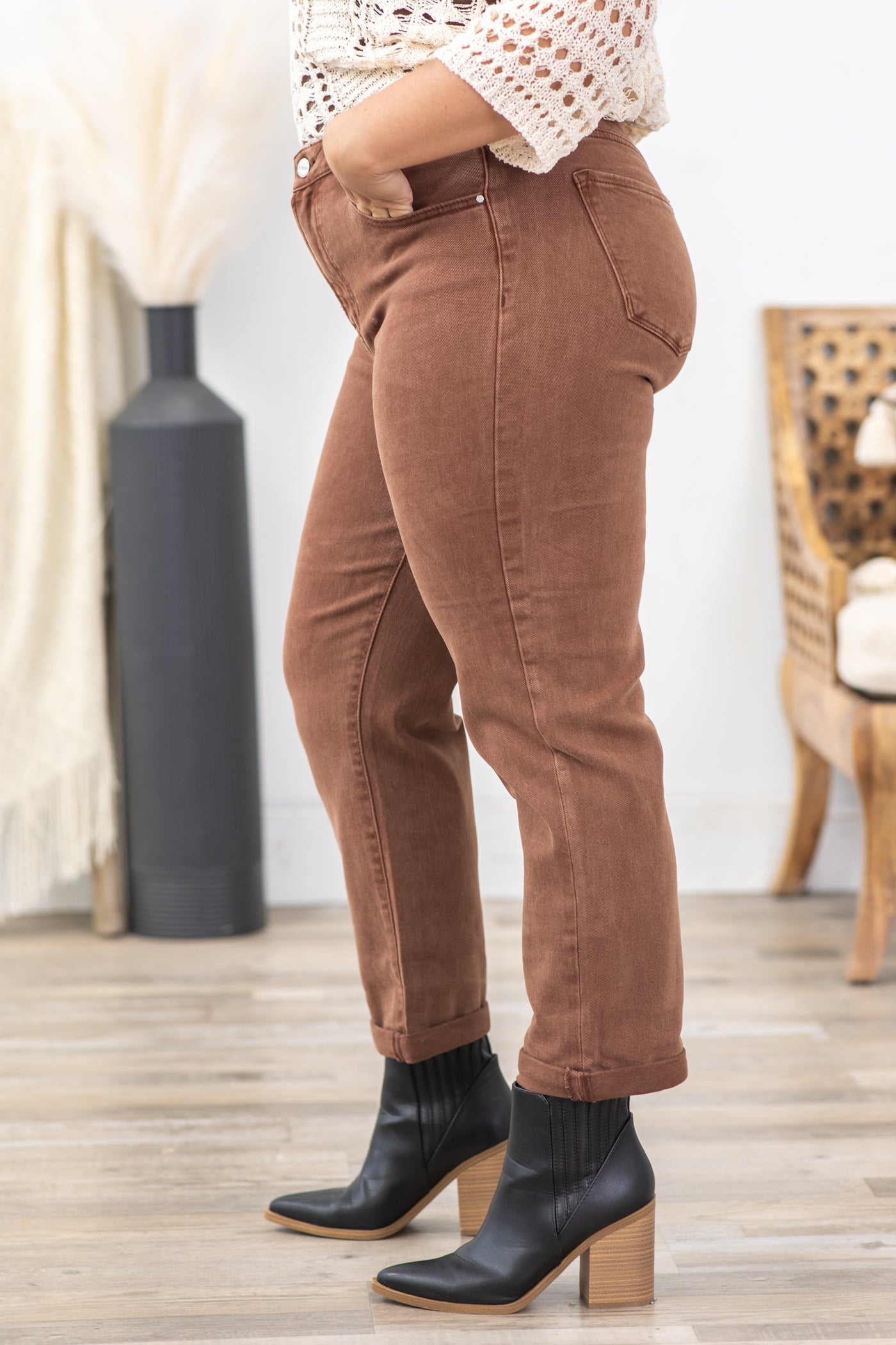 Risen Espresso Wash High Rise Boyfriend Pant