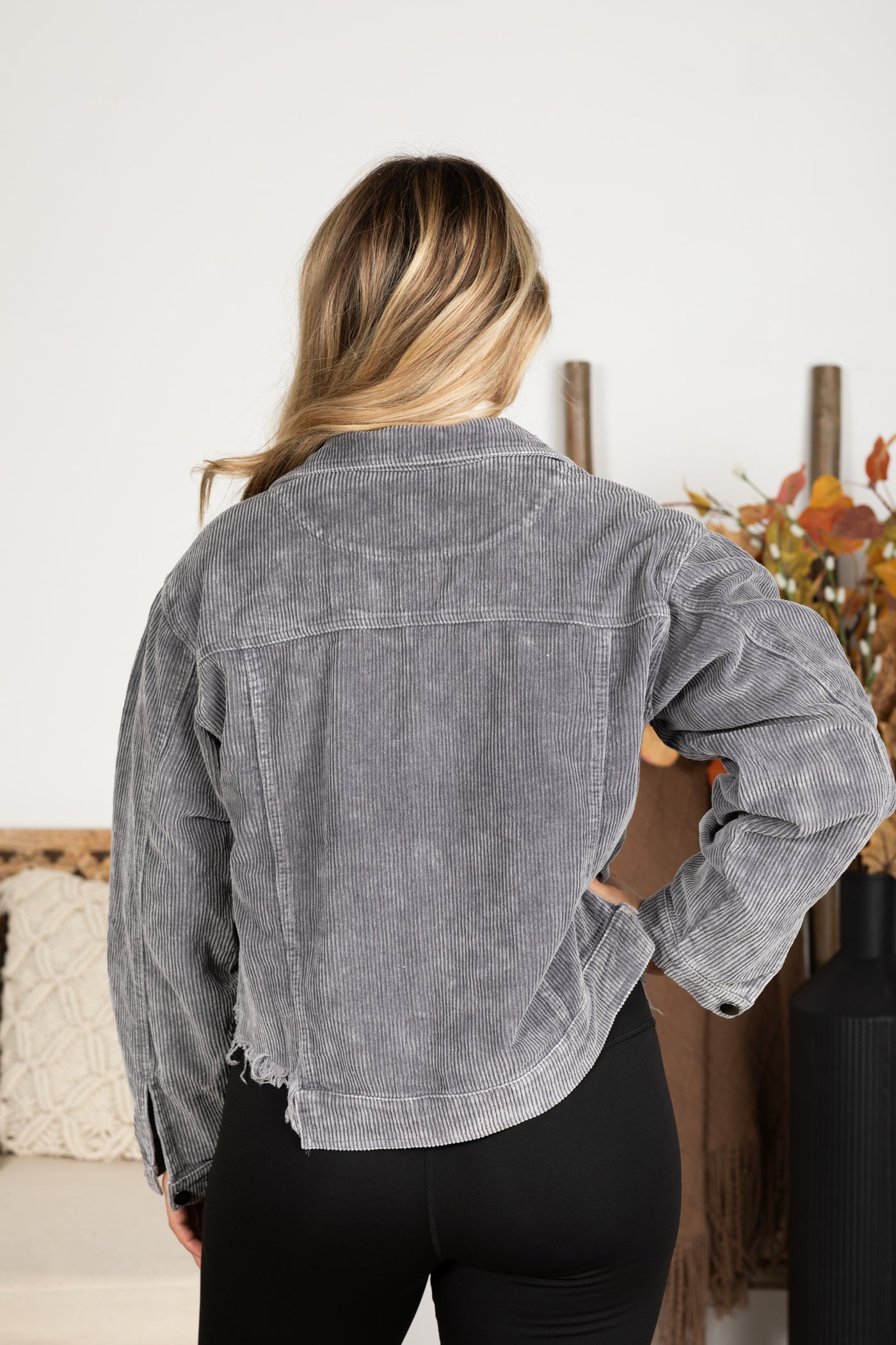 Grey Distressed Hem Corduroy Jacket