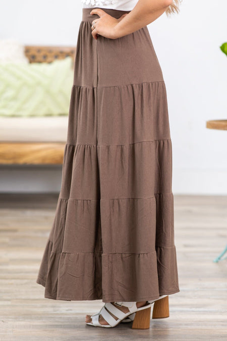 Mocha Tiered Pull On Maxi Skirt - Filly Flair