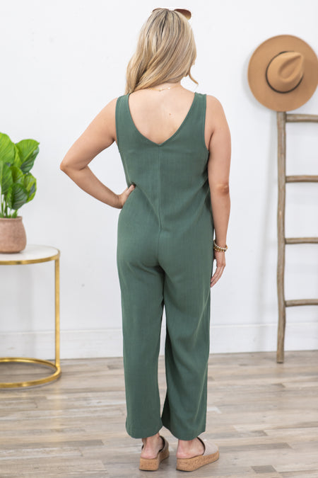 Olive Linen Sleeveless Jumpsuit