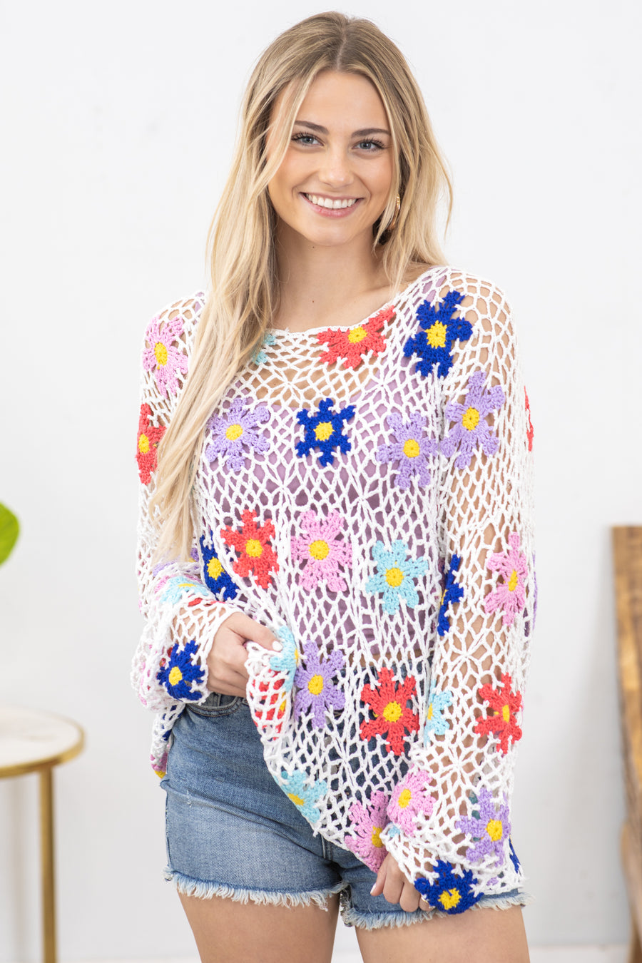 White Multicolor Flower Crochet Knit Top