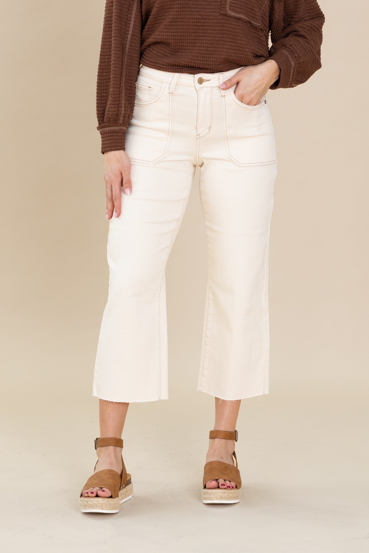 Judy Blue Cream Garment Dyed Crop Wide Jeans