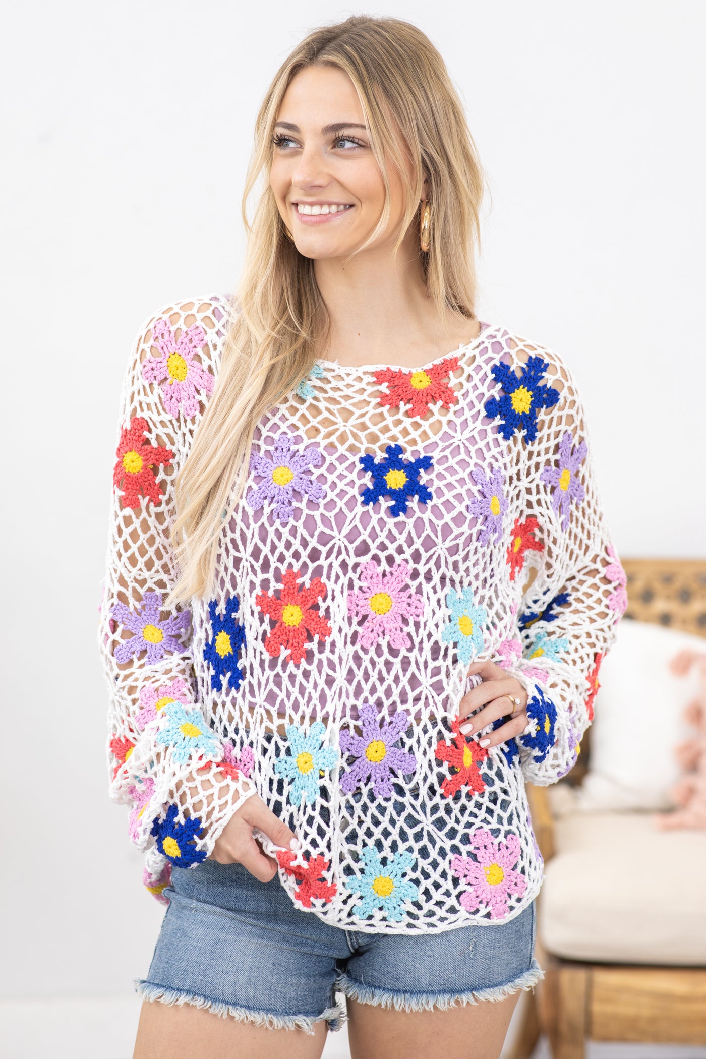 White Multicolor Flower Crochet Knit Top