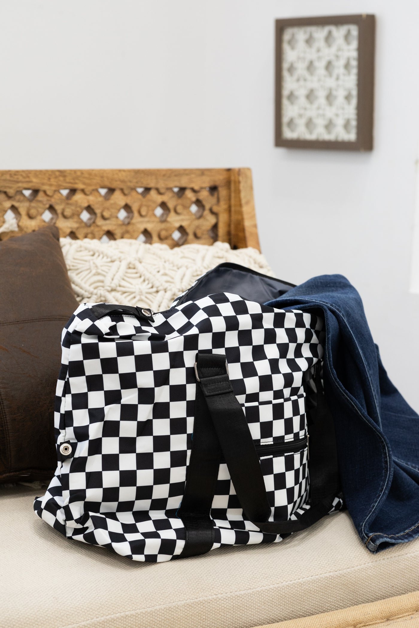 Black and White Checkered Travel Duffle Bag