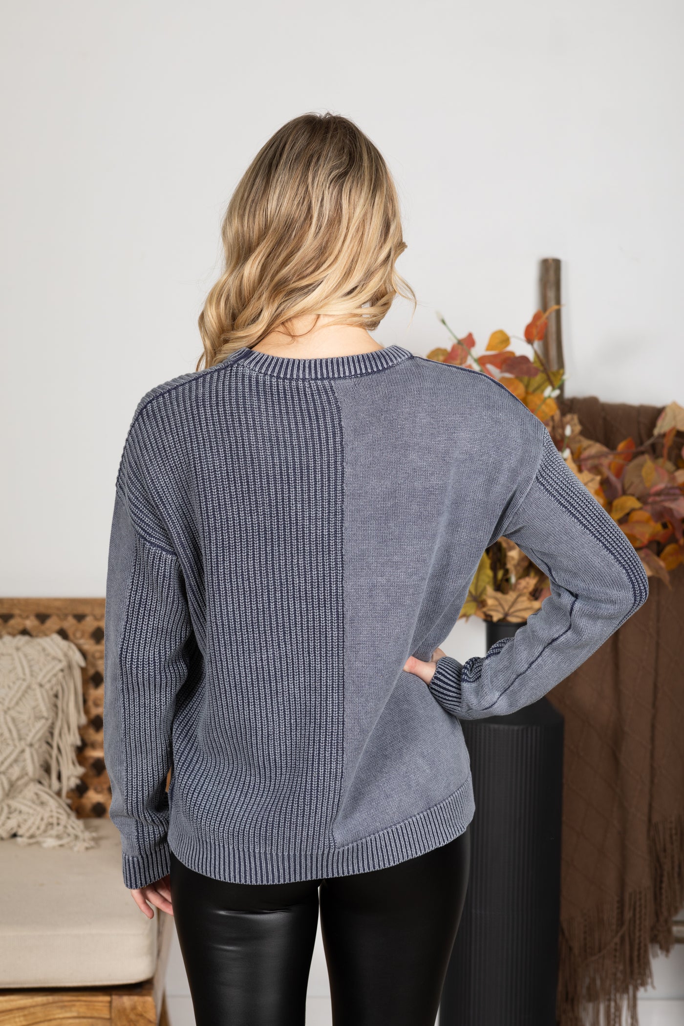 Washed Waffle Knit Sweater With Pocket