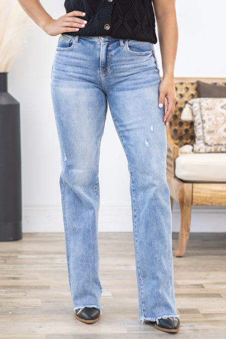 Risen Light Wash Long Straight Jeans Fray Hem