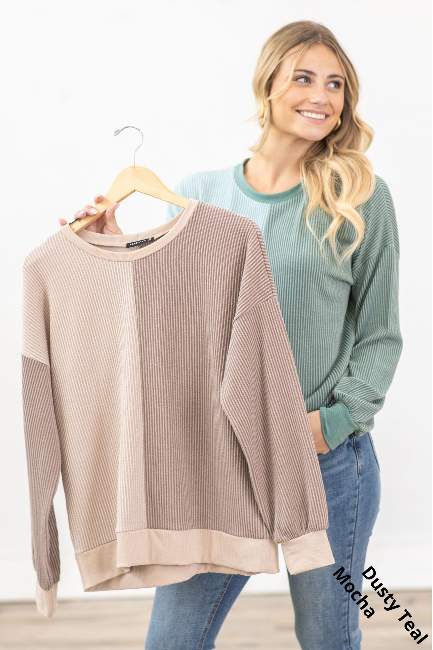 Two-Tone Colorblock Rib Knit Long Sleeve Top