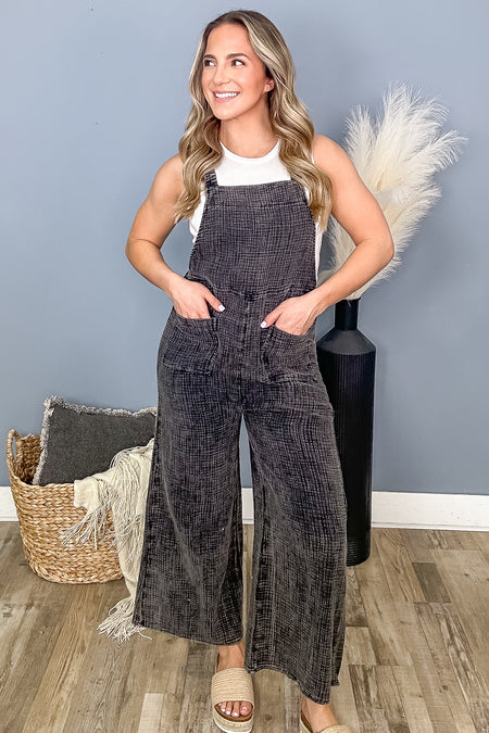 Black Washed Gauze Wide Leg Overalls