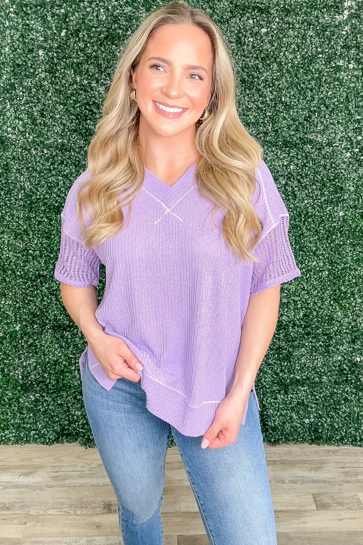 Lavender Exposed Stitch Knit Top