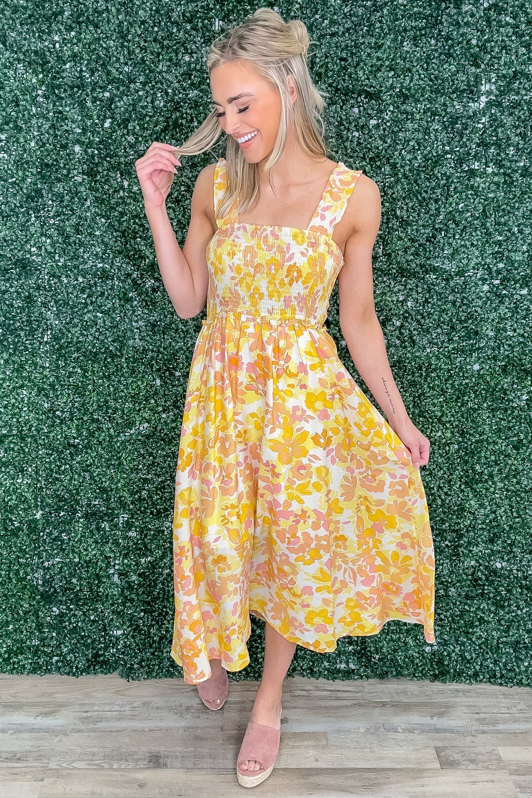 Yellow floral print shops midi dress