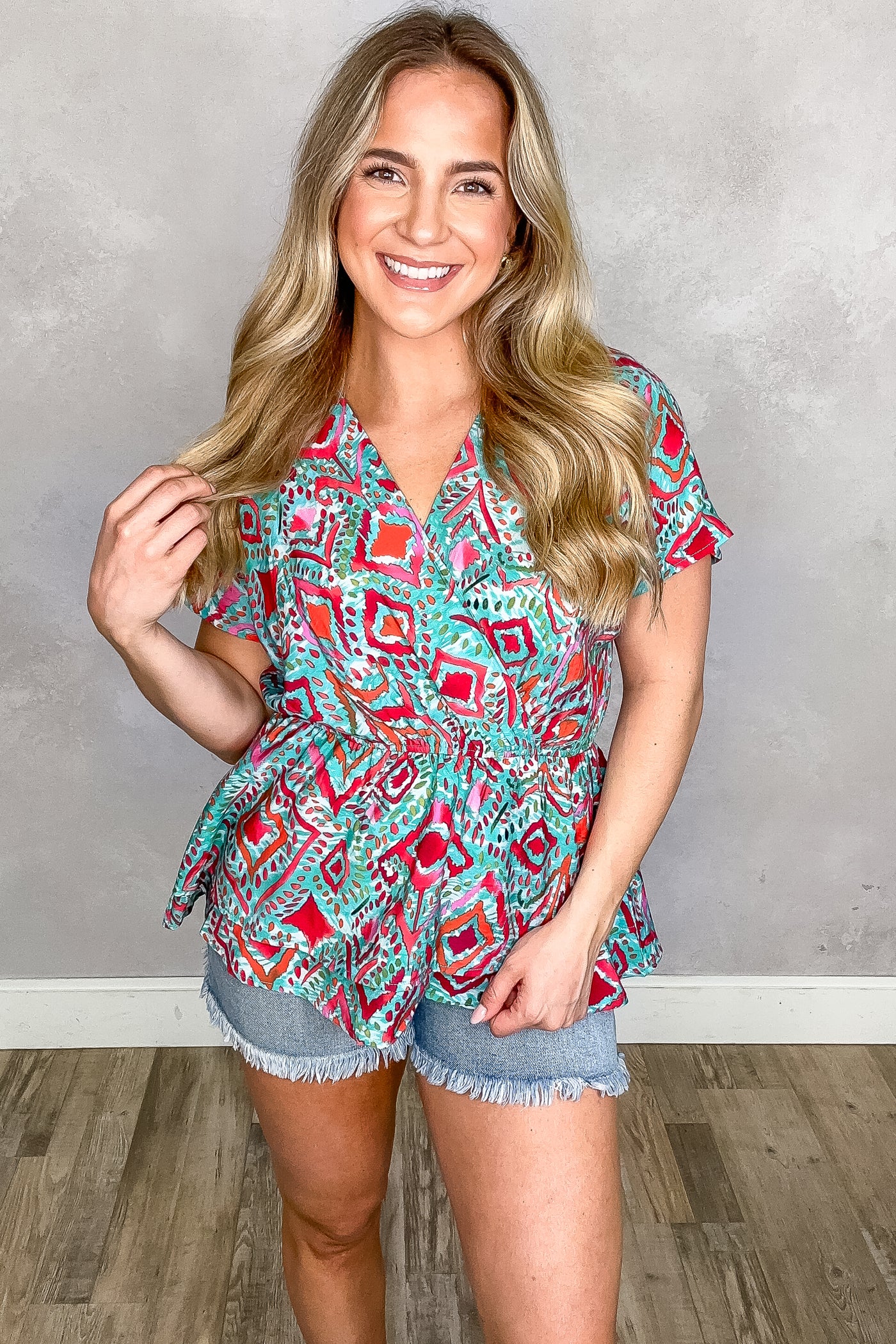 Turquoise Diamond Printed V-Neck Woven Top