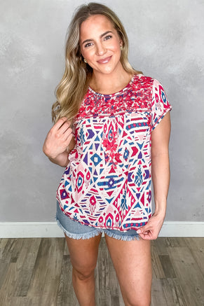 Raspberry Abstract Print Woven Top