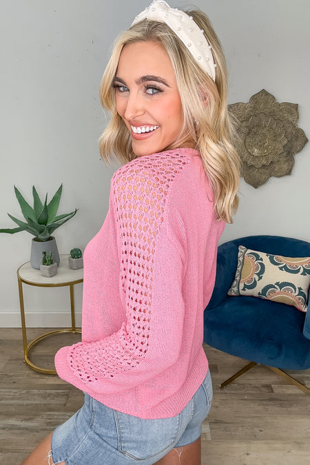 Pink Sweater With Crochet Sleeve Detail