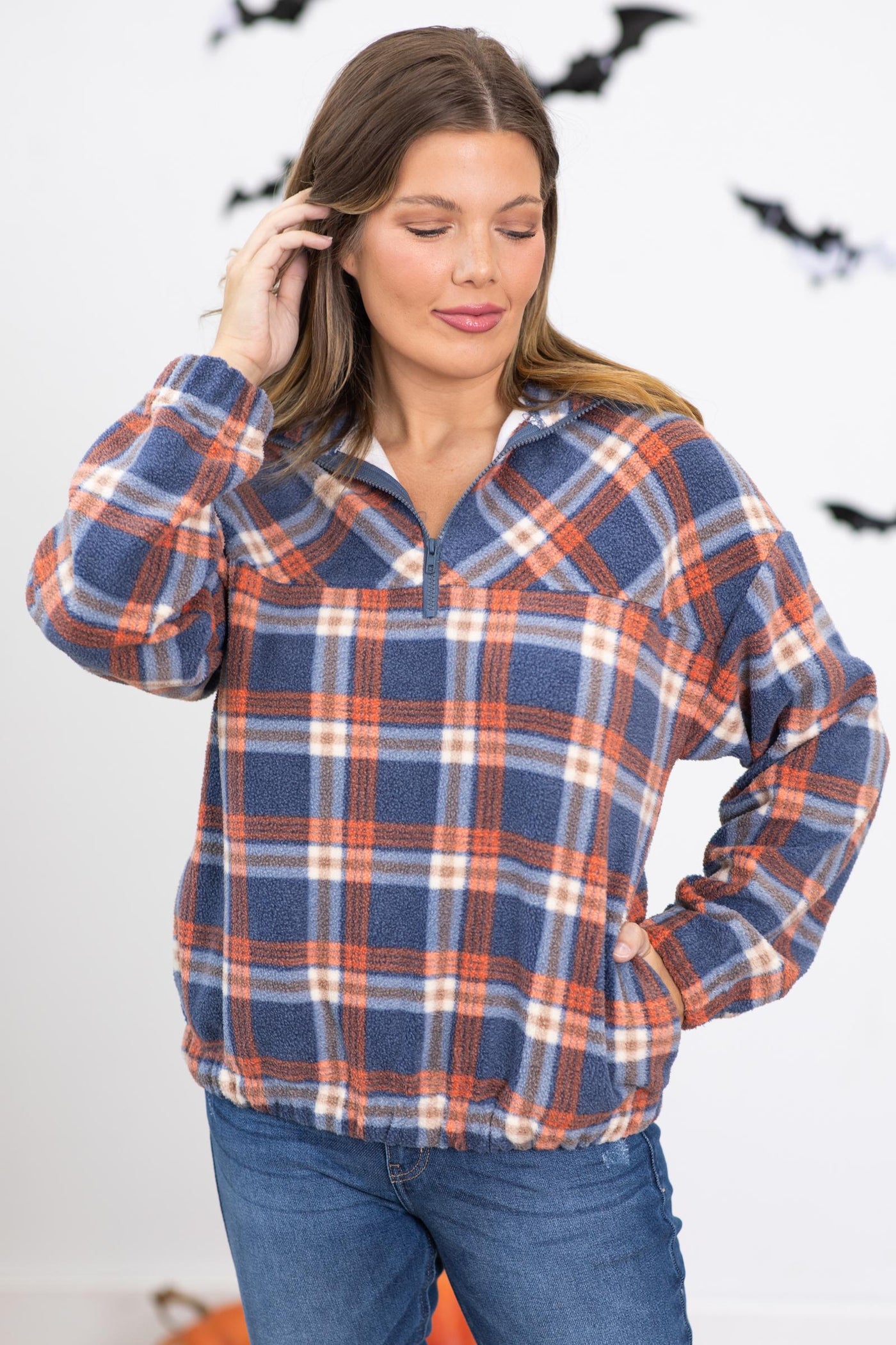 Navy and Orange Plaid 1/4 Zip Pullover