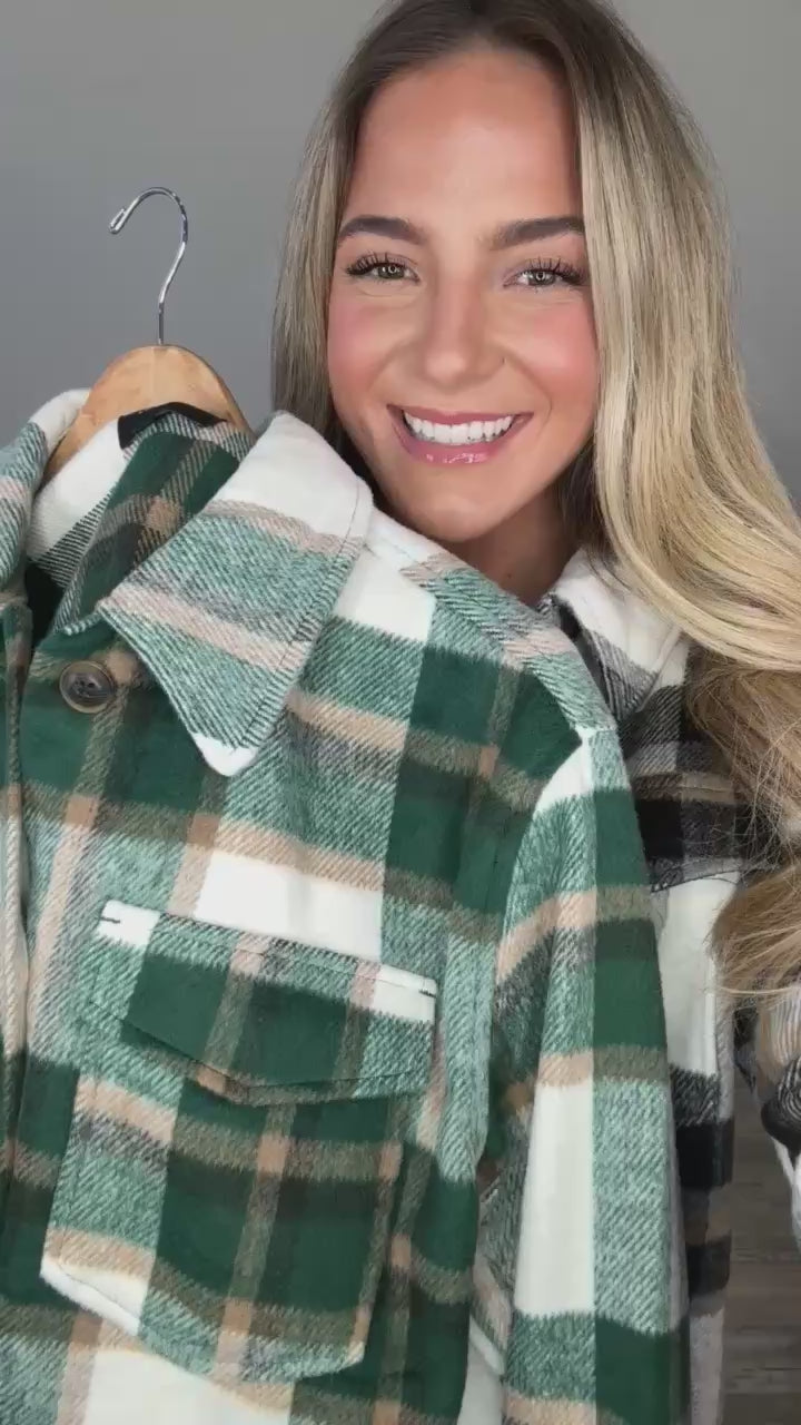 Plaid Button Up Shacket With Side Pockets