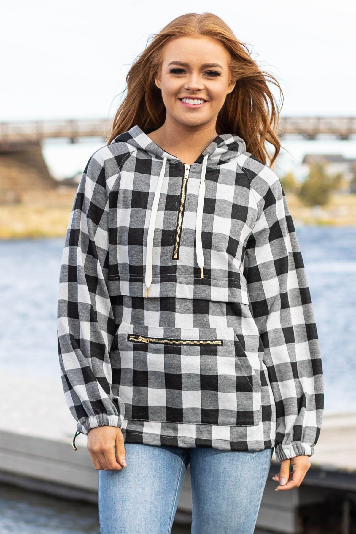 Black Buffalo Plaid Quarter Zip Hoodie Filly Flair