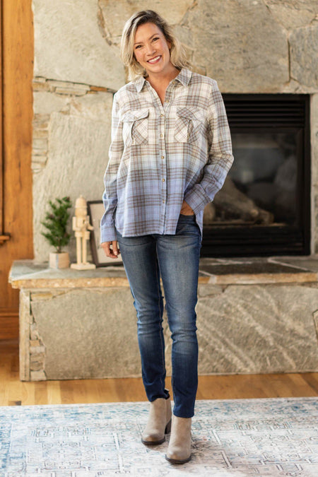 Blue and Grey Ombre Plaid Button Up Top - Filly Flair