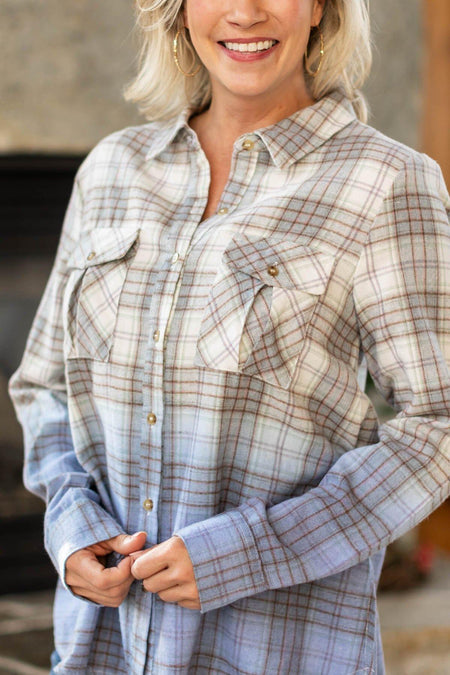 Blue and Grey Ombre Plaid Button Up Top - Filly Flair