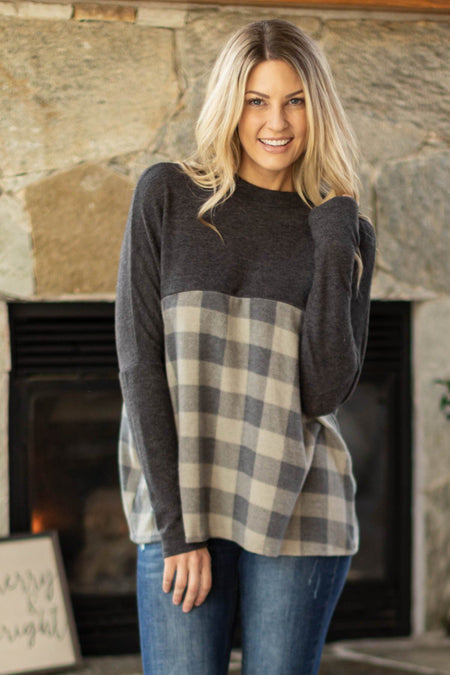 Charcoal Colorblock Buffalo Plaid Top - Filly Flair