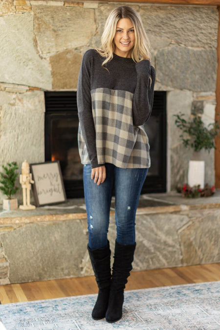 Charcoal Colorblock Buffalo Plaid Top - Filly Flair