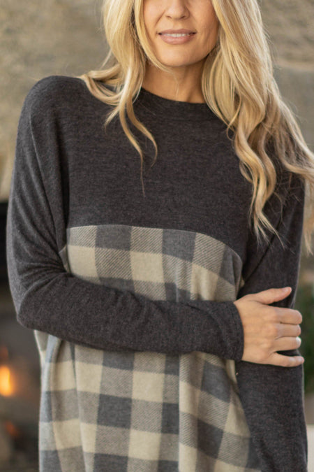 Charcoal Colorblock Buffalo Plaid Top - Filly Flair