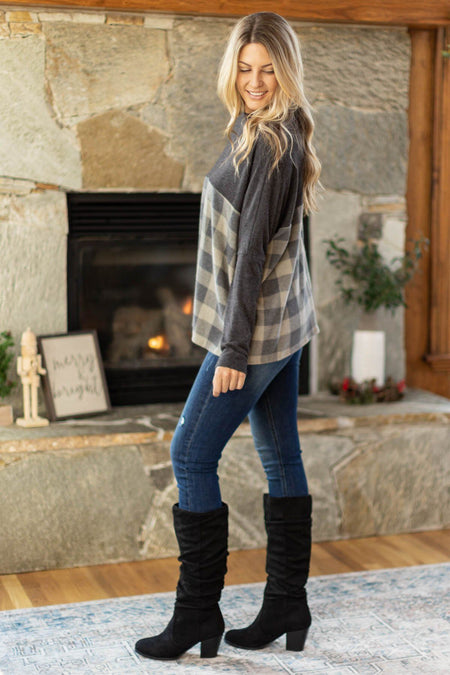 Charcoal Colorblock Buffalo Plaid Top - Filly Flair