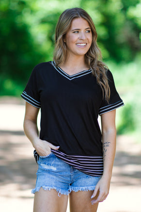 Black and White Stripe Trim V-Neck Top - Filly Flair