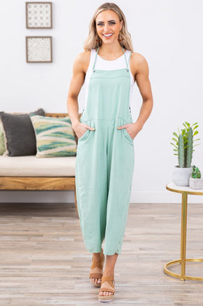 Dusty Mint Wide Leg Tie Strap Overalls - Filly Flair